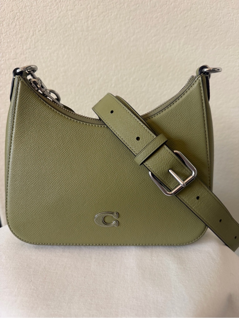 Coach Olive Green Leather Crossbody Bag with Silver Hardware